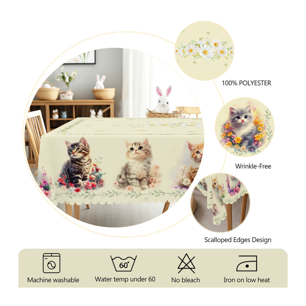 Weiße Tischdecke mit Katzen- und Gänseblümchen-Motiv aus Polyester inklusive 4 selbstklebender Dekorationselemente - Bild 5