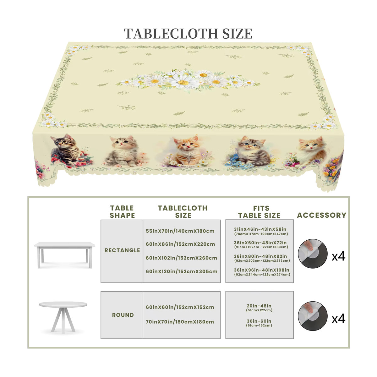 Weiße Tischdecke mit Katzen- und Gänseblümchen-Motiv aus Polyester inklusive 4 selbstklebender Dekorationselemente - Bild 6