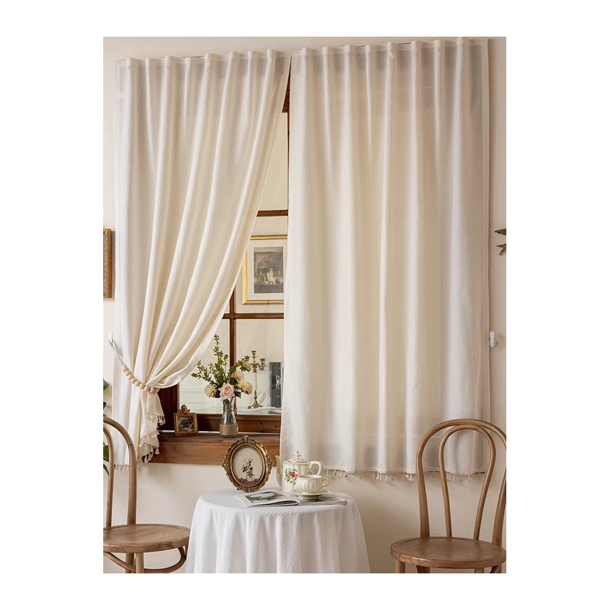 Weißer Quasten-Gaze-Vorhang im japanischen Stil aus lichtdurchlässigem Baumwoll-Leinen zur Fensterdekoration und als Sonnenschutz - Bild 3