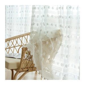 Weißer Tüll-Vorhang mit 3D-Pompom-Stickerei und Streifen-Design, Vintage Voile-Fensterdekoration für dein Wohnzimmer