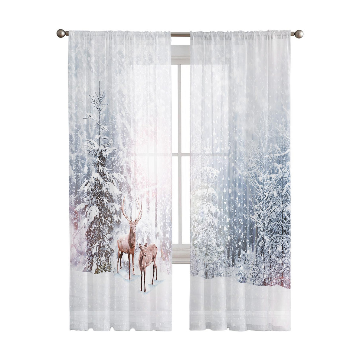 Weißer Tüll-Vorhang mit Schneeloch- und Elch-Weihnachtsmotiv von Your Warm Home für Wohnzimmer und Schlafzimmer, Breite: 100 cm, Höhe: 250 cm - Bild 1