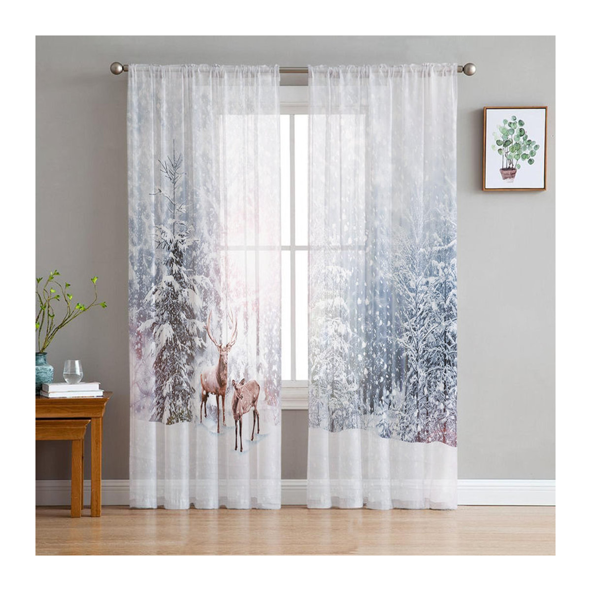 Weißer Tüll-Vorhang mit Schneeloch- und Elch-Weihnachtsmotiv von Your Warm Home für Wohnzimmer und Schlafzimmer, Breite: 100 cm, Höhe: 250 cm - Bild 2