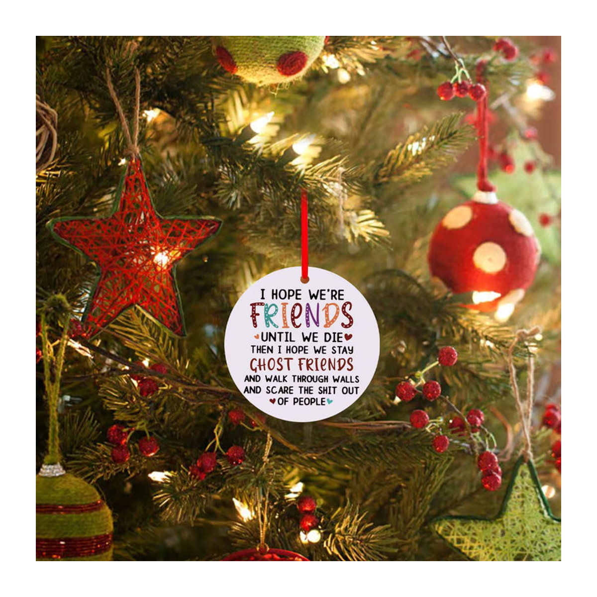 Weißes Hängeornament aus Kunststoff mit Herz-Motiv und Schriftzug als Weihnachtsbaumdekoration und Geschenk für beste Freunde - Bild 4