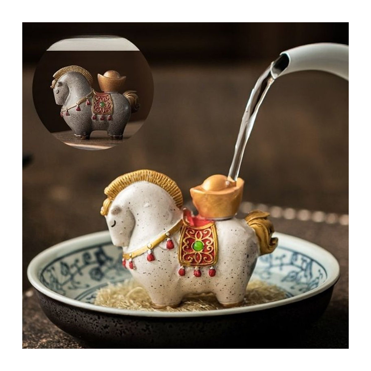 Weißes Tangma Tier Ornament im chinesischen Stil aus Kunstharz für deine Tee-Dekoration - Bild 1