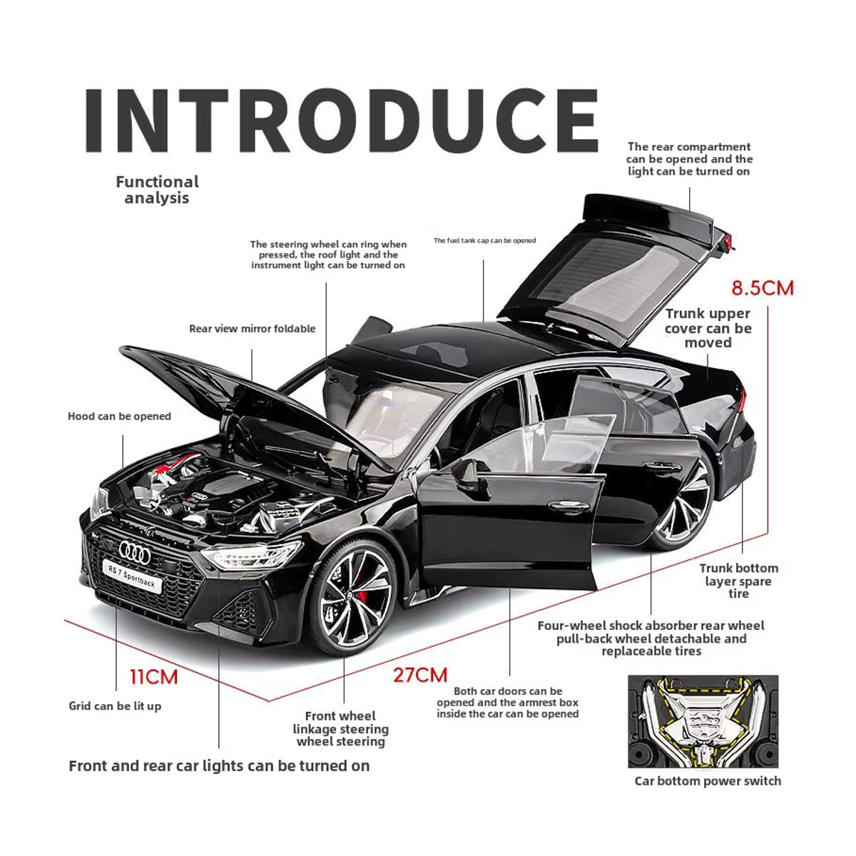 WELLY Audi RS7 Sportback Automodell in Schwarz, Maßstab 1:18, Metalllegierung - Bild 4