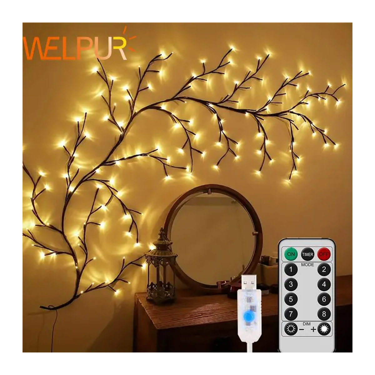 WELPUR LED Zweig Lampe mit 96 LEDs in Schwarz für Schlafzimmer und Wanddekoration mit 8 Beleuchtungsmodi - Bild 1