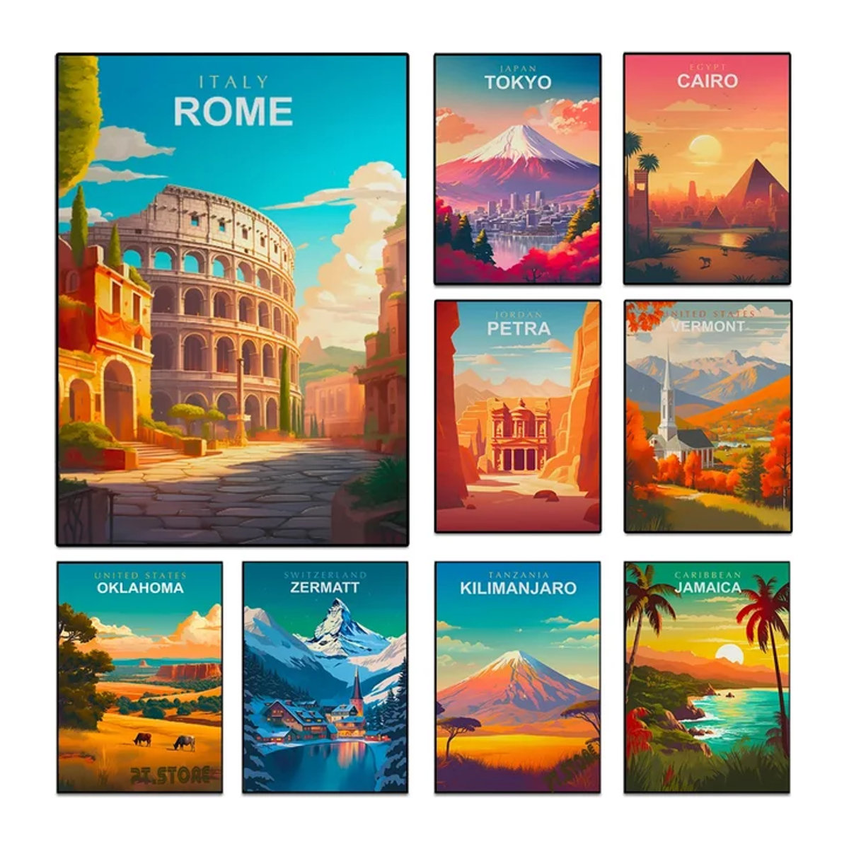 Weltreise Städte Poster Set von Potdemiel als Leinwand Malerei mit Reise Wahrzeichen und Landschaften in Vintage Optik, mehrfarbig, Hochformat - Bild 1