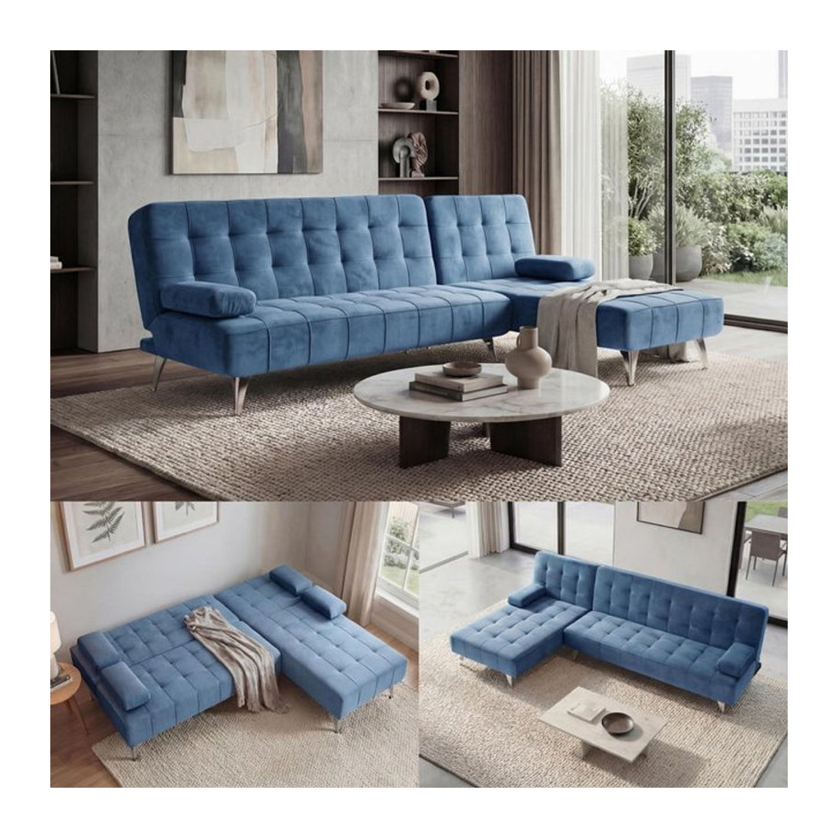 Wendbares Ecksofa MCW-K22 als Schlafsofa mit Schlaffunktion aus Samt in Blau, Breite: 236 cm - Bild 1