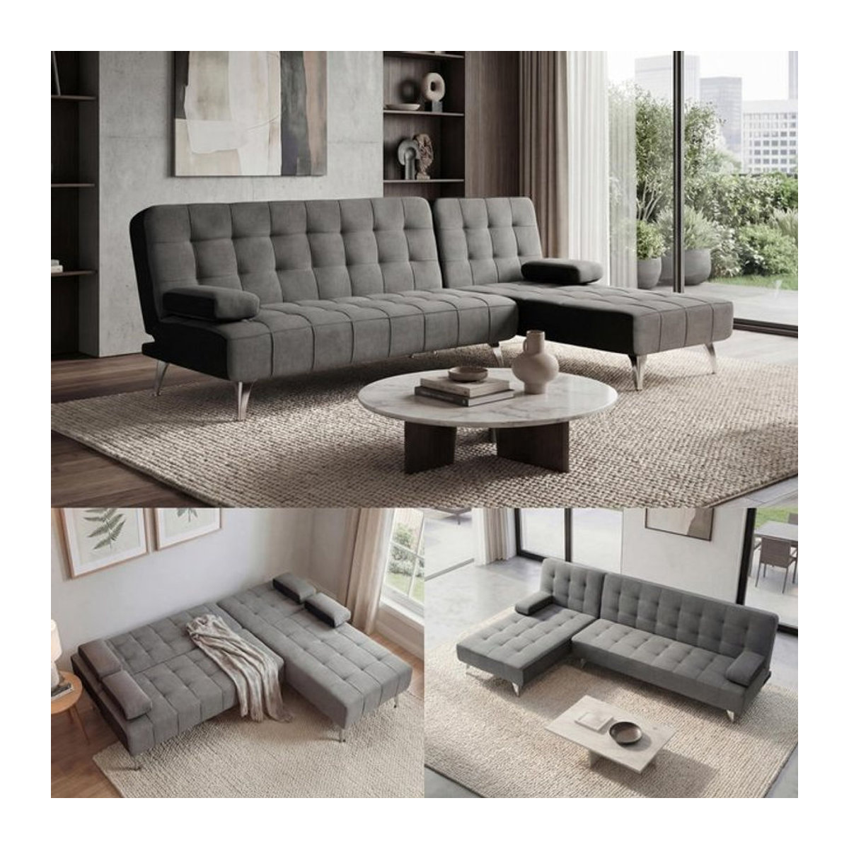 Wendbares Ecksofa MCW-K22 als Schlafsofa mit Schlaffunktion in Anthrazit und Schwarz aus Stoff, Breite: 236 cm - Bild 1