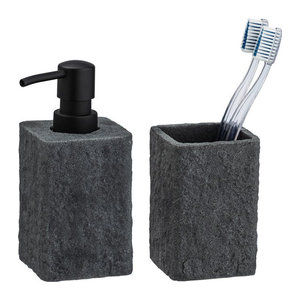Wenko Bad-Accessoire-Set Villata mit Seifenspender und Zahnputzbecher, Grau, 2-teilig