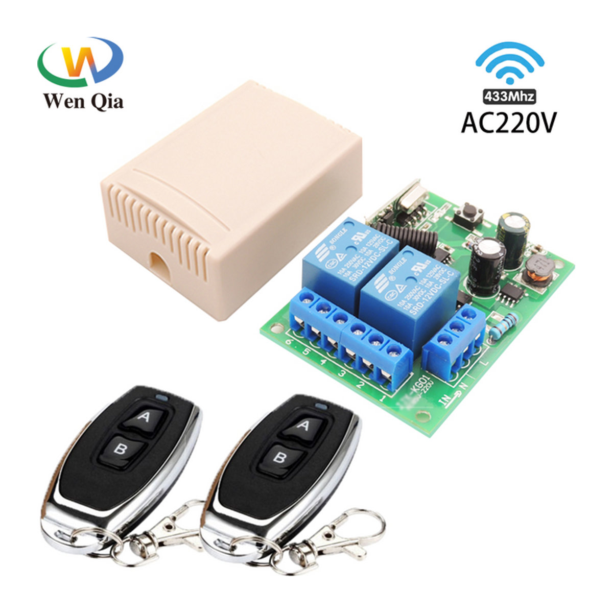 WenQia Drahtloser RF 433 MHz Fernbedienung Schalter mit 2-Kanal Relais Empfänger für Licht und Garagentore, AC 110V 220V 230V, 10A 2300W, Schwarz/Weiß - Bild 1
