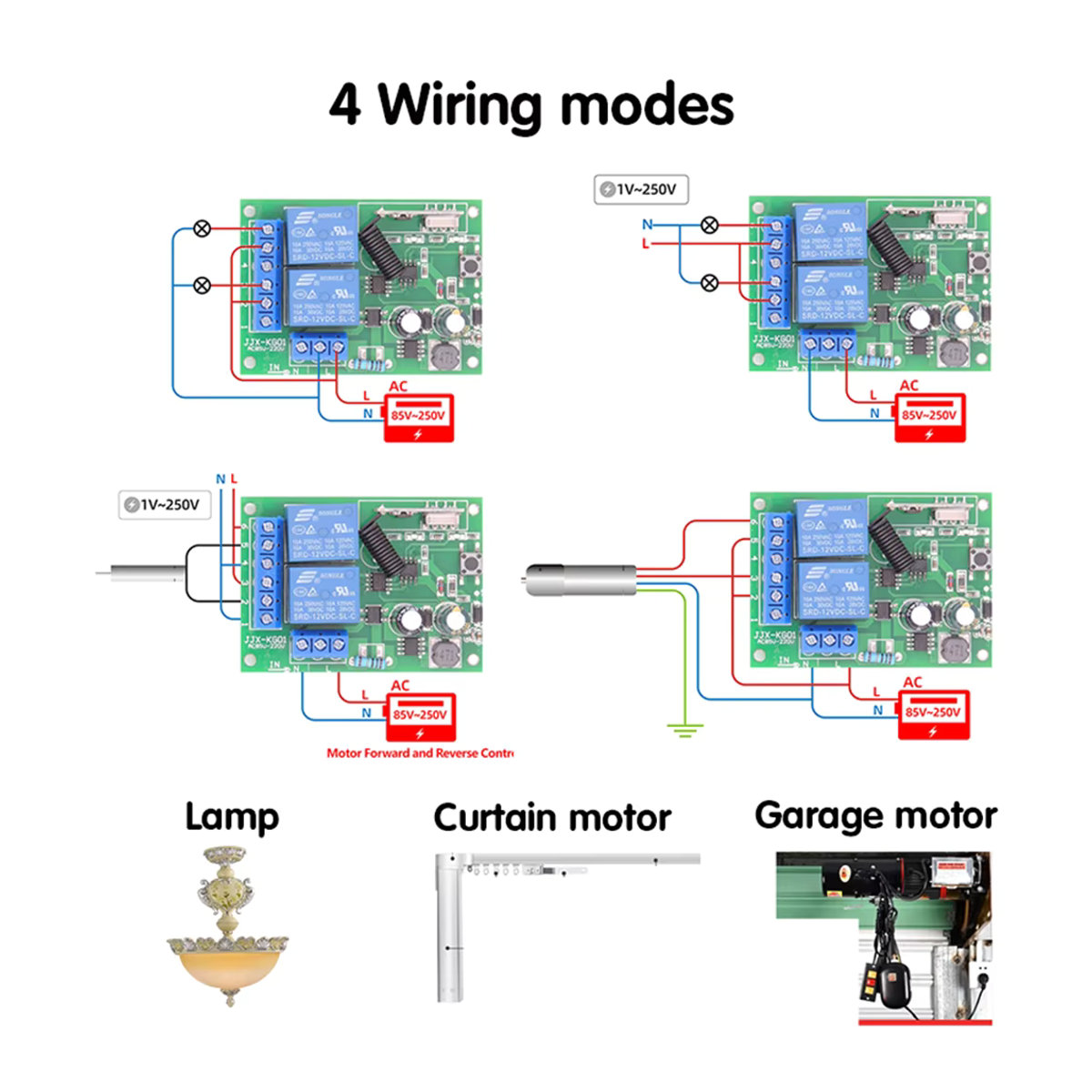 WenQia Drahtloser RF 433 MHz Fernbedienung Schalter mit 2-Kanal Relais Empfänger für Licht und Garagentore, AC 110V 220V 230V, 10A 2300W, Schwarz/Weiß - Bild 4