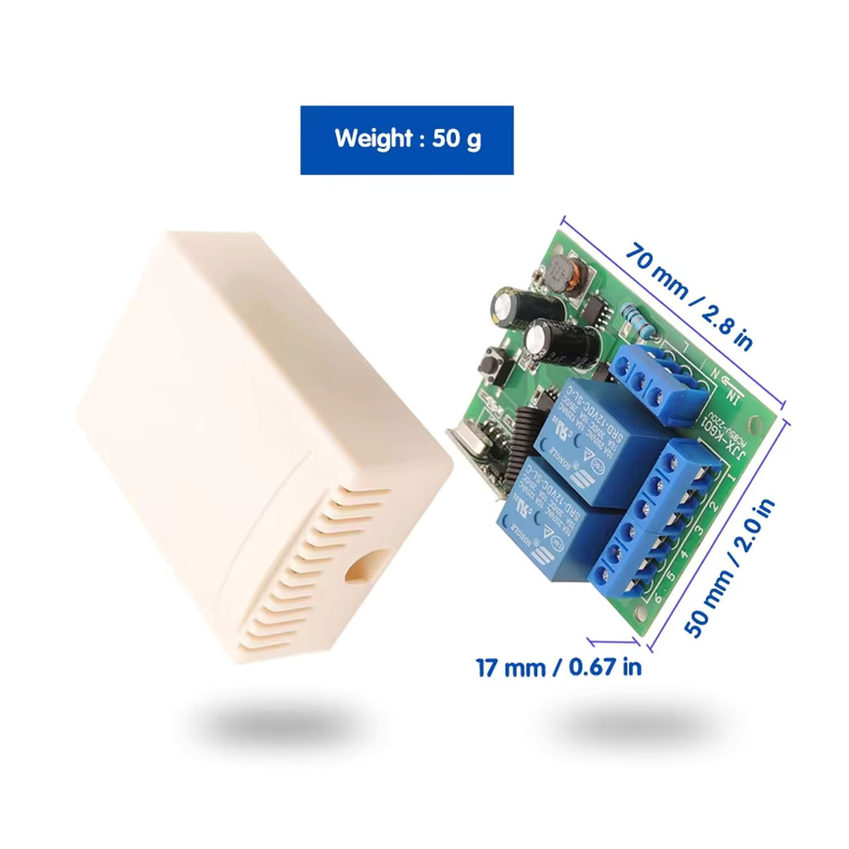 WenQia Drahtloser RF 433 MHz Fernbedienung Schalter mit 2-Kanal Relais Empfänger für Licht und Garagentore, AC 110V 220V 230V, 10A 2300W, Schwarz/Weiß - Bild 5