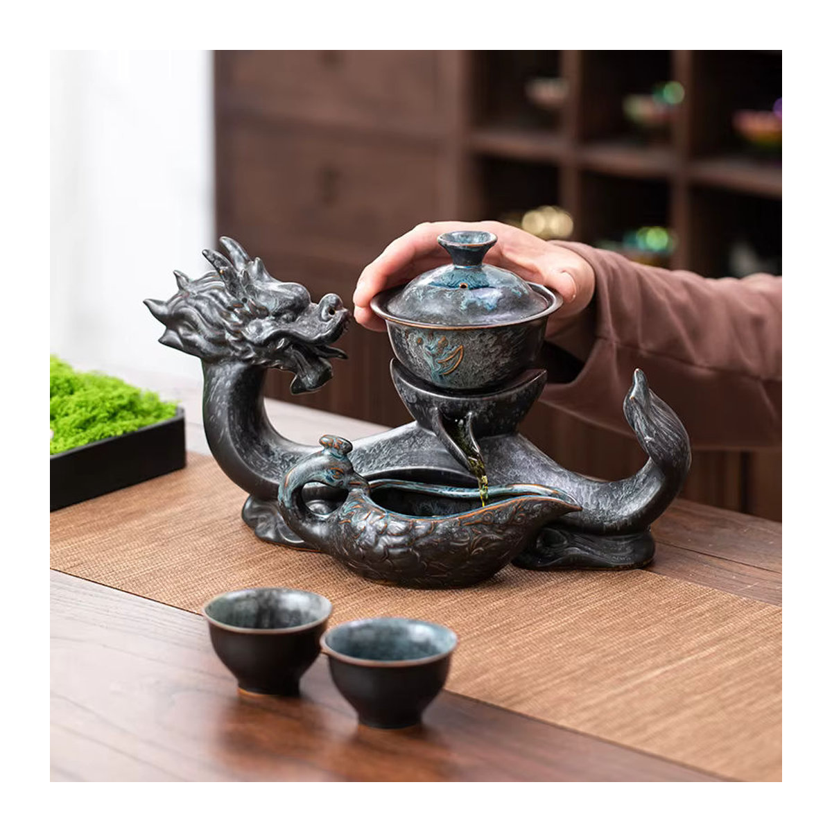 WENZHE Ruyi-Drachen Teekannen-Set mit drehbarer Teekanne, Keramikofen und 8 Teetassen in Schwarz/Weiß - Bild 2