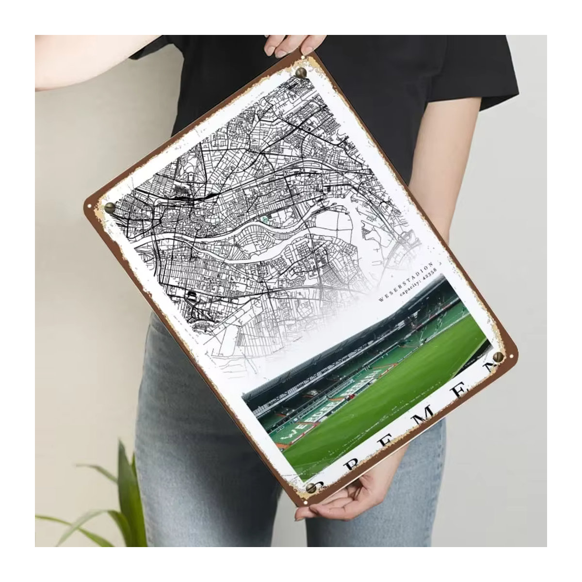 Werder Bremen Stadion Metallschild in Vintage-Optik als Wandkunst zur Dekoration, Weiß, B: 30 cm, H: 20 cm - Bild 3