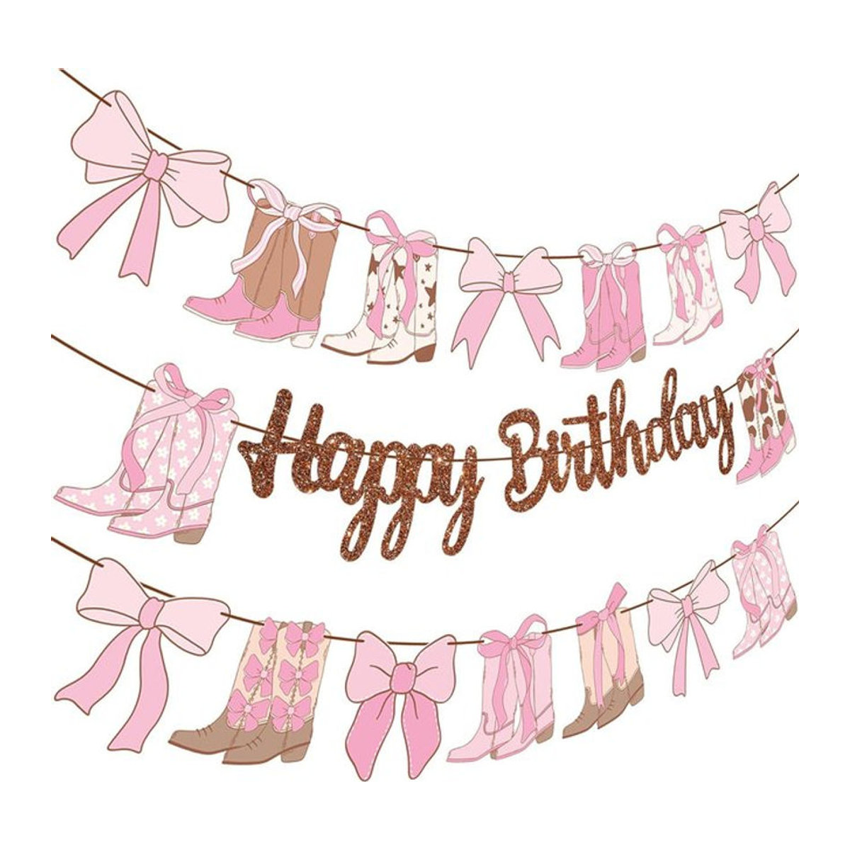 Western Coquette Geburtstag Banner Set aus Papier mit Cowgirl-Stiefeln und Schleifen in Braun und Rosa, 3-teiliges hängendes Dekoration-Set - Bild 1
