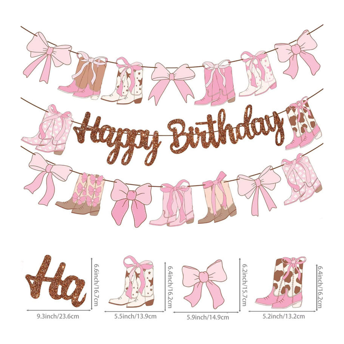 Western Coquette Geburtstag Banner Set aus Papier mit Cowgirl-Stiefeln und Schleifen in Braun und Rosa, 3-teiliges hängendes Dekoration-Set - Bild 2