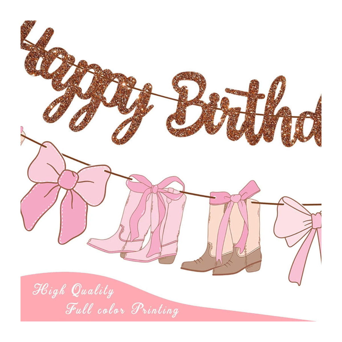 Western Coquette Geburtstag Banner Set aus Papier mit Cowgirl-Stiefeln und Schleifen in Braun und Rosa, 3-teiliges hängendes Dekoration-Set - Bild 3