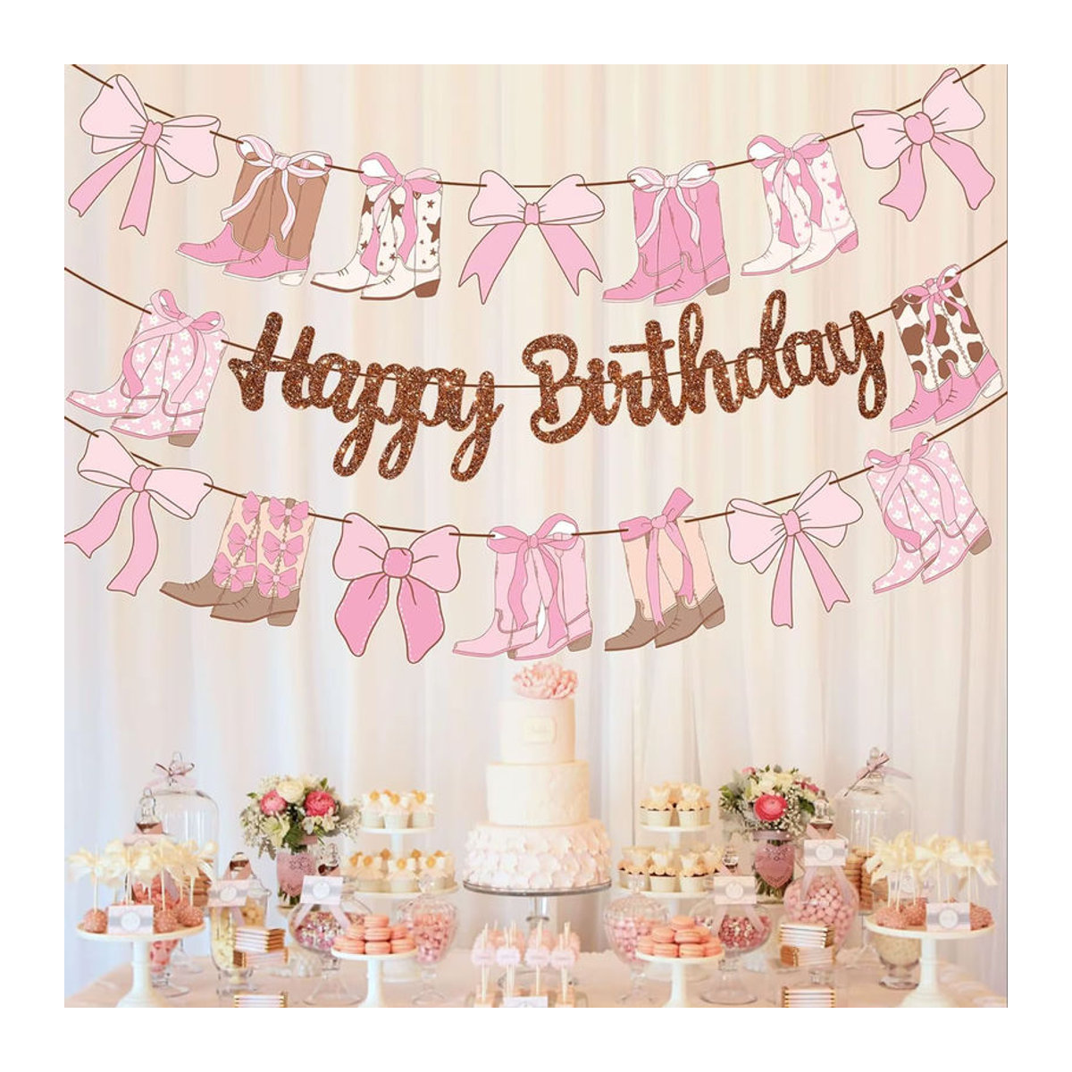Western Coquette Geburtstag Banner Set aus Papier mit Cowgirl-Stiefeln und Schleifen in Braun und Rosa, 3-teiliges hängendes Dekoration-Set - Bild 4