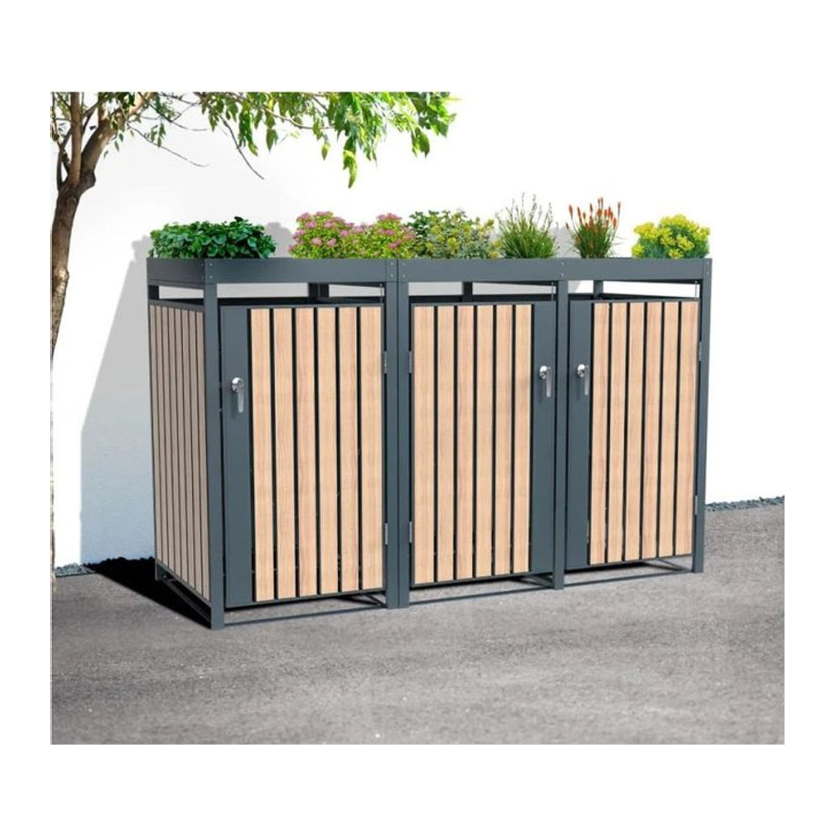 Westmann Mülltonnenbox Planta in Holzoptik für 3 x 240 L Mülltonnen, B/H/T: 200 x 124,5 x 84 cm, Grau - Bild 4