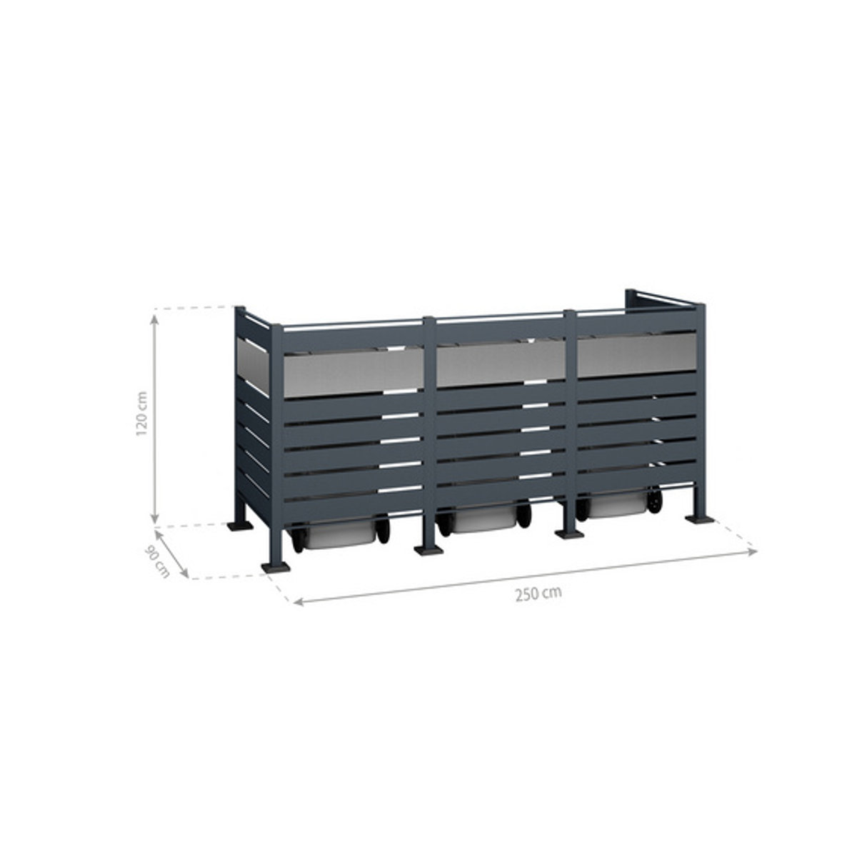 Westmann Mülltonnenbox Planum aus Stahl für 3 x 240 L Mülltonnen, Grau, B/H/T: 250 x 120 x 90 cm - Bild 2