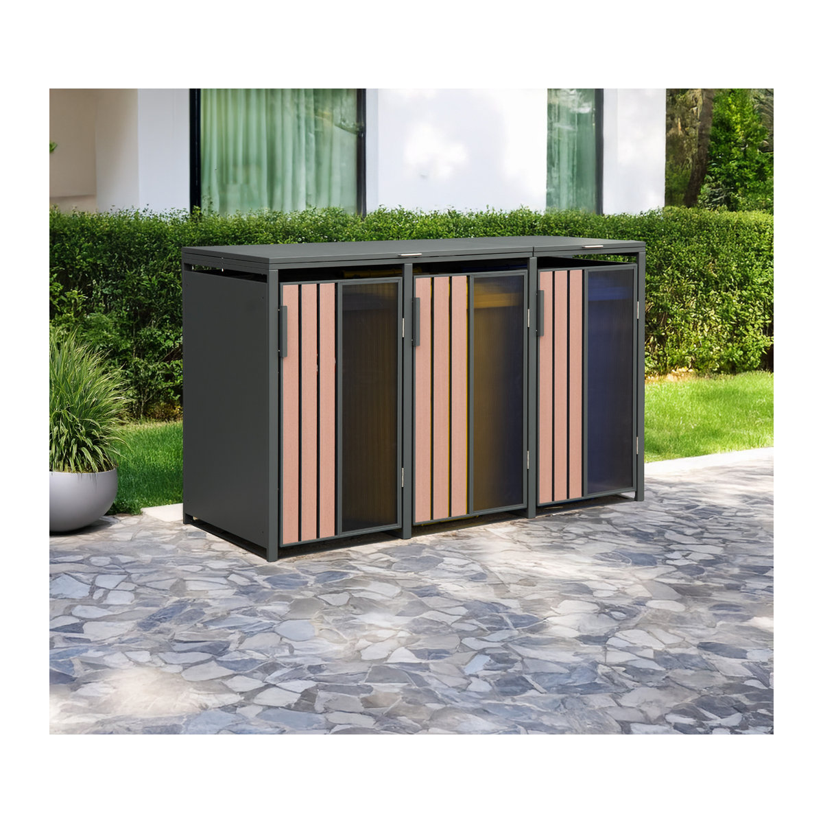 Westmann Mülltonnenbox Status 3 für 3 x 240L in Anthrazit und Holzoptik, B/T/H: 198 x 80 x 116 cm - Bild 4