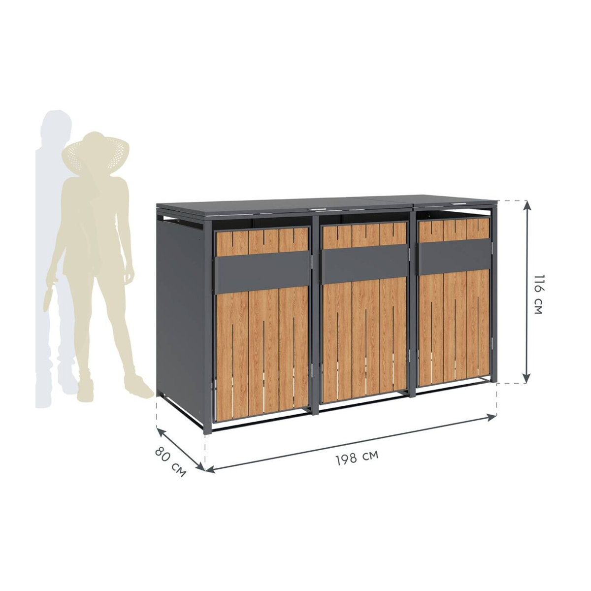 Westmann Mülltonnenbox Varius 3 für 3 x 240L in Anthrazit und Holzoptik, B/H/T: 198 x 116 x 80 cm - Bild 3