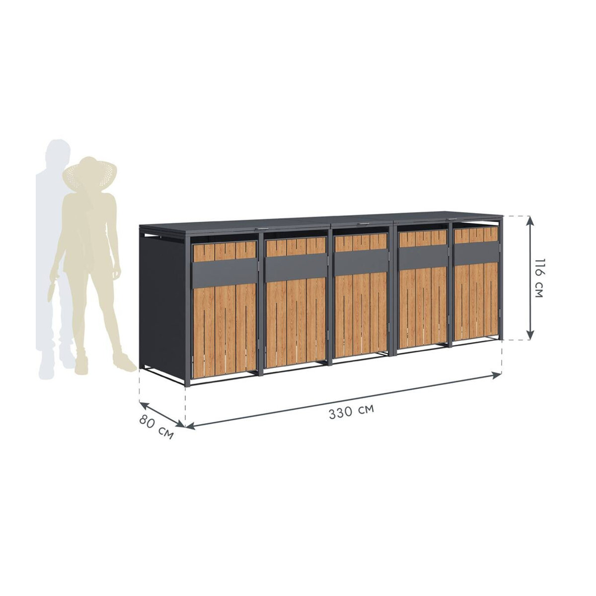 Westmann Mülltonnenbox Varius 5 für 5 x 240L in Anthrazit und Holzoptik, B/H/L: 330 x 116 x 80 cm - Bild 3