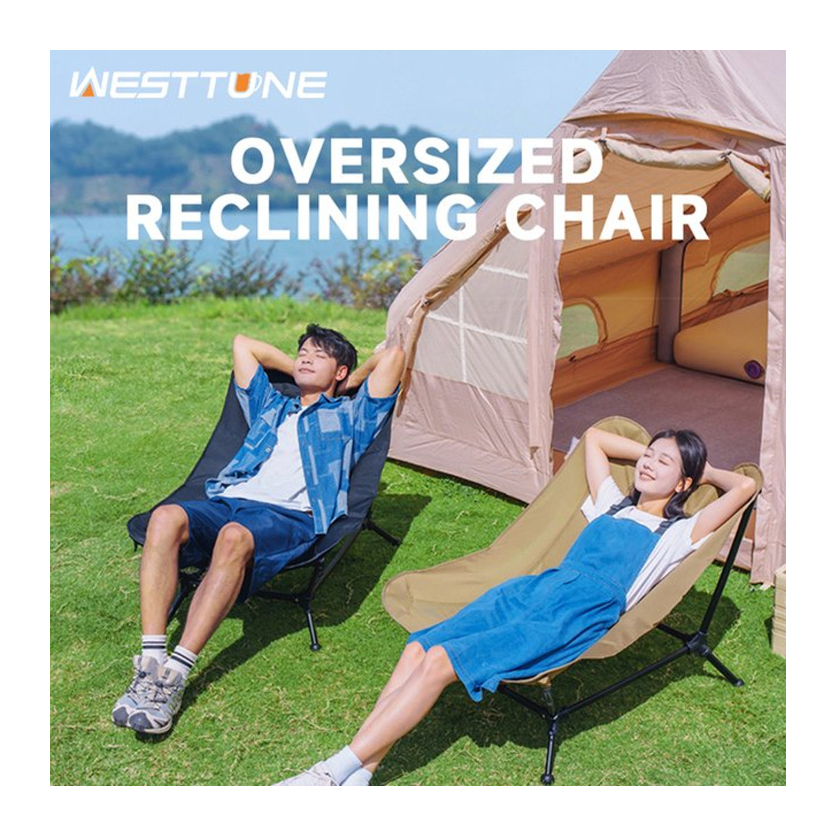 WESTTUNE Klappbarer Liegestuhl aus Aluminiumlegierung für Erwachsene, übergroßer Campingstuhl für Outdoor und Freizeit, Schwarz/Mehrfarbig - Bild 1