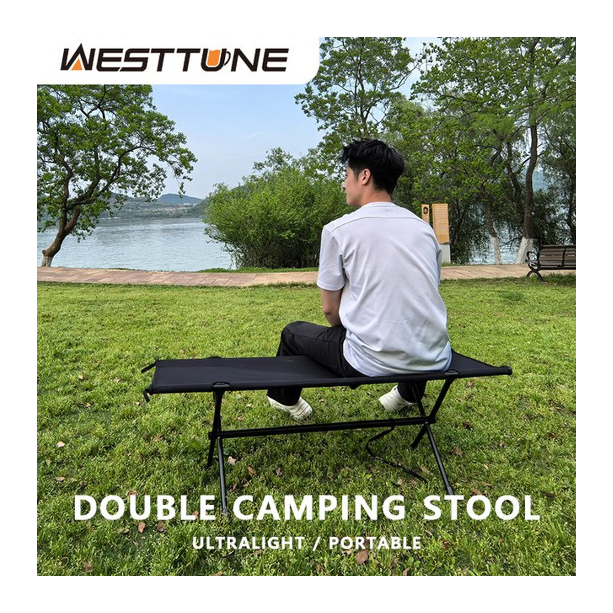 WESTTUNE Outdoor-Langstuhl für zwei Personen, zusammenklappbarer Doppelsitzhocker für Camping und Wandern - Bild 1