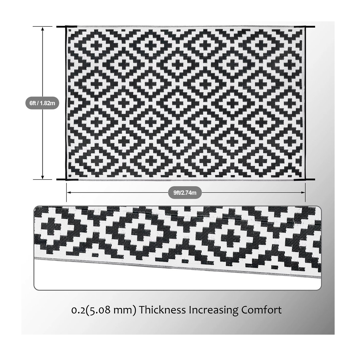 WESTTUNE Outdoor-Teppich aus Kunststoff in Schwarz/Weiß, geometrisches Design, wendbar und faltbar, rechteckige Bodenmatte für Terrasse, Camping und Garten - Bild 4