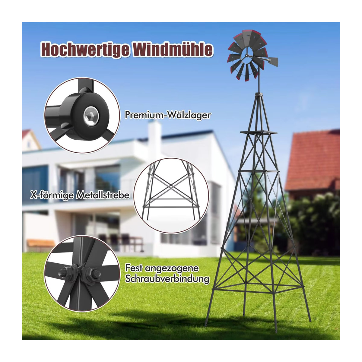 Wetterfeste Metall-Windmühle von GOFLAME als Gartendekoration für Garten, Hof und Bauernhof, Farbe: Grau und Schwarz, Höhe: 253 cm - Bild 2