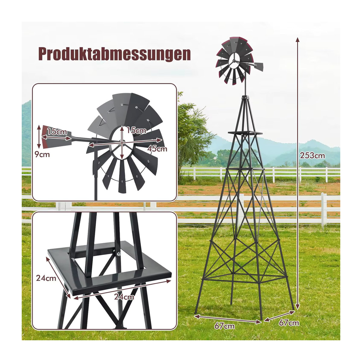 Wetterfeste Metall-Windmühle von GOFLAME als Gartendekoration für Garten, Hof und Bauernhof, Farbe: Grau und Schwarz, Höhe: 253 cm - Bild 4