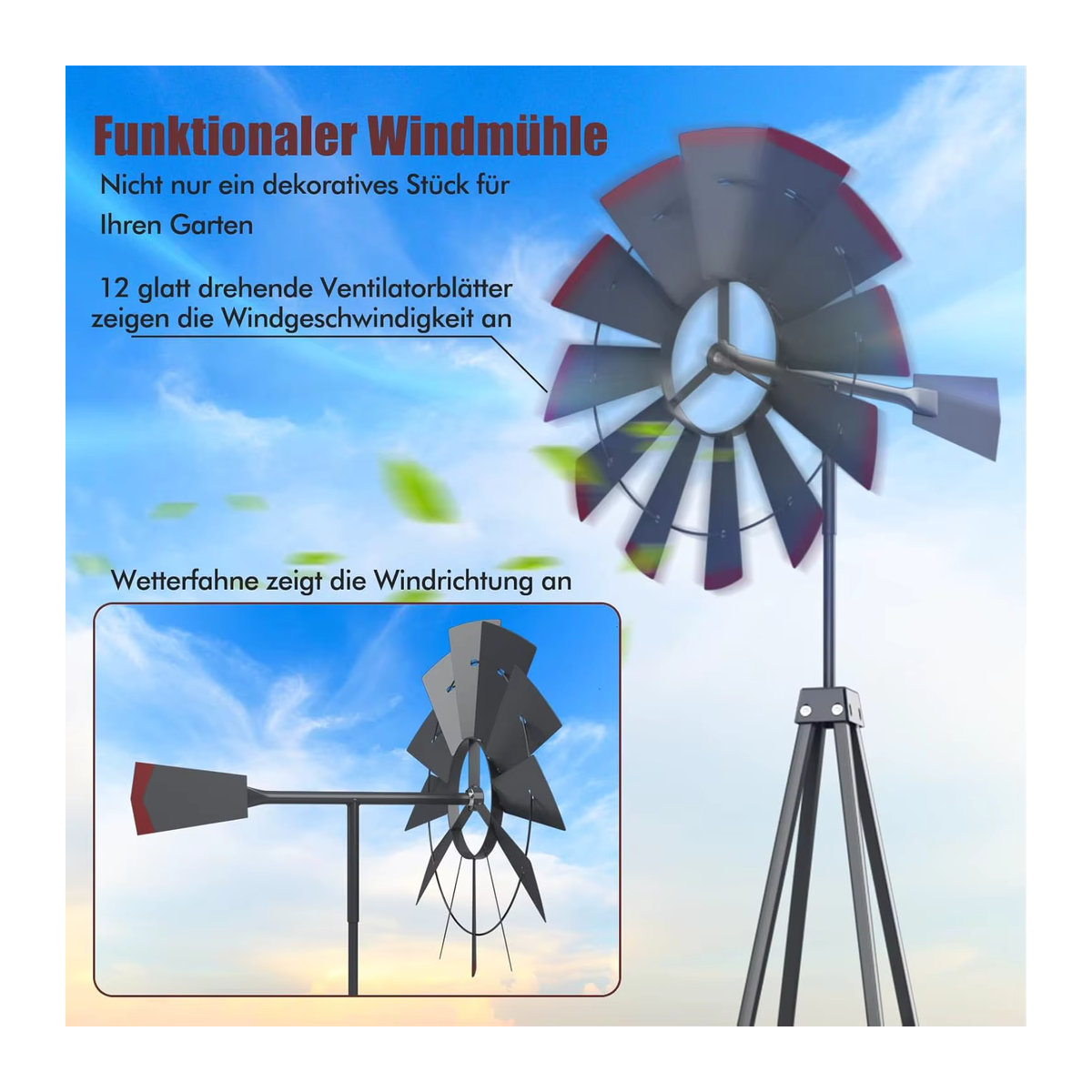 Wetterfeste Metall-Windmühle von GOFLAME als Gartendekoration für Garten, Hof und Bauernhof, Farbe: Grau und Schwarz, Höhe: 253 cm - Bild 5