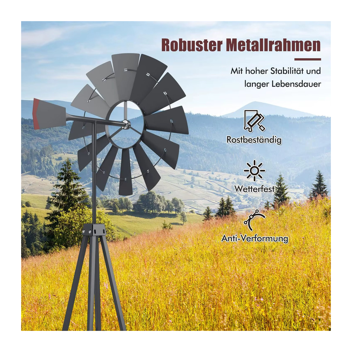 Wetterfeste Metall-Windmühle von GOFLAME als Gartendekoration für Garten, Hof und Bauernhof, Farbe: Grau und Schwarz, Höhe: 253 cm - Bild 6