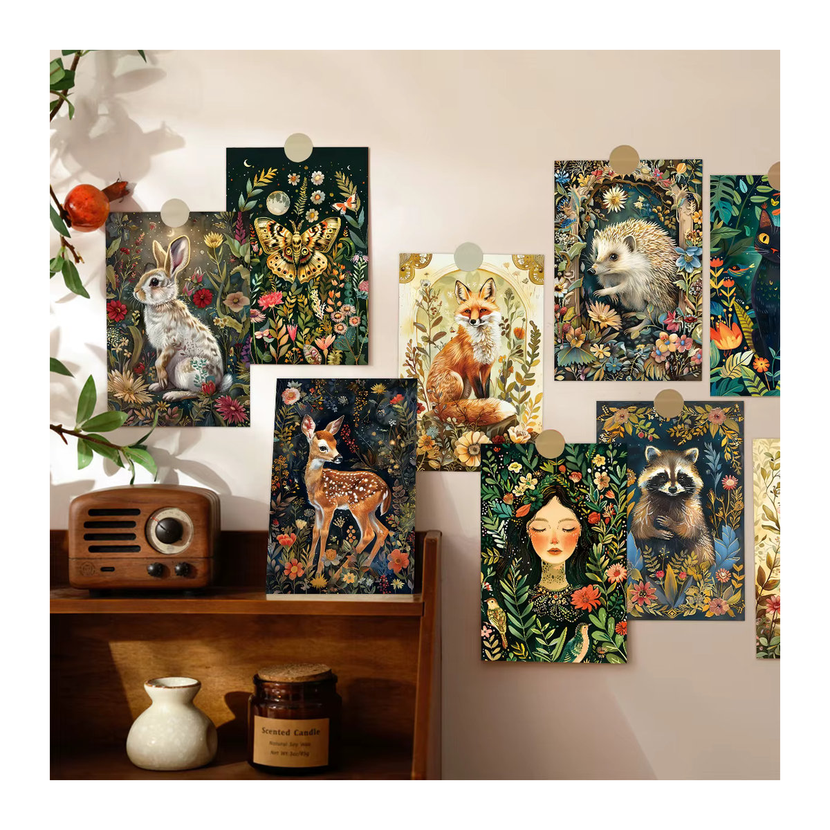 WhimsyWoodland 12er-Pack Vintage-Kunstkarten mit Wildtieren, mehrfarbige Wandcollage aus Papier für deine Heimdekoration - Bild 3