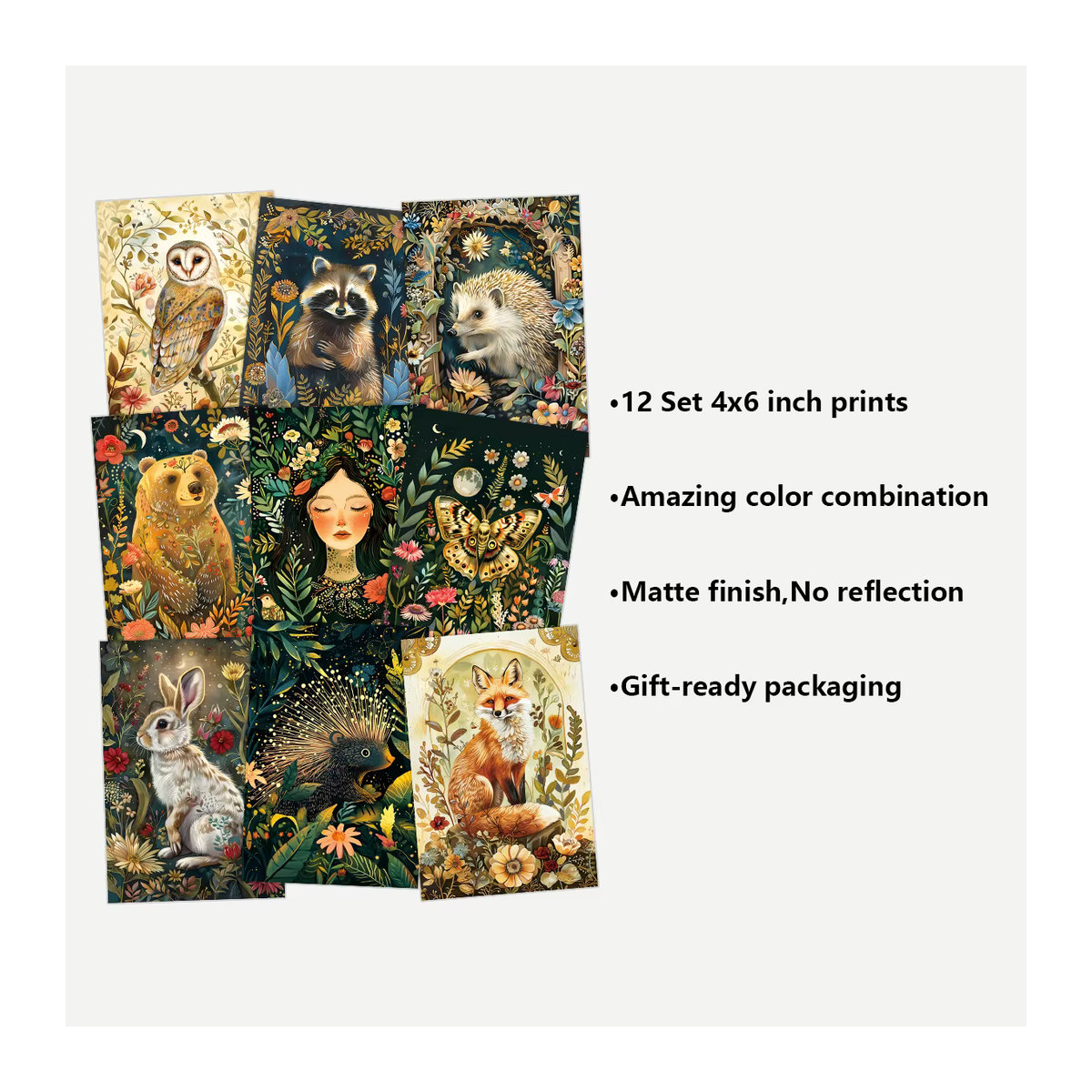 WhimsyWoodland 12er-Pack Vintage-Kunstkarten mit Wildtieren, mehrfarbige Wandcollage aus Papier für deine Heimdekoration - Bild 5