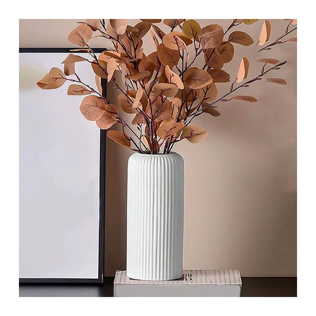 WHPHous Dekorative Blumenvase in Keramik-Optik mit Streifenmuster, Schwarz-Weiß, Zylindrisch und Minimalistisch - Bild 1