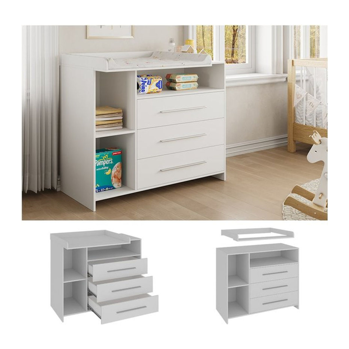 Wickelkommode mit Wickelaufsatz Oskar-Store Paula, Weiß, Minimalistisch, B: 110 cm, H: 94 cm - Bild 1