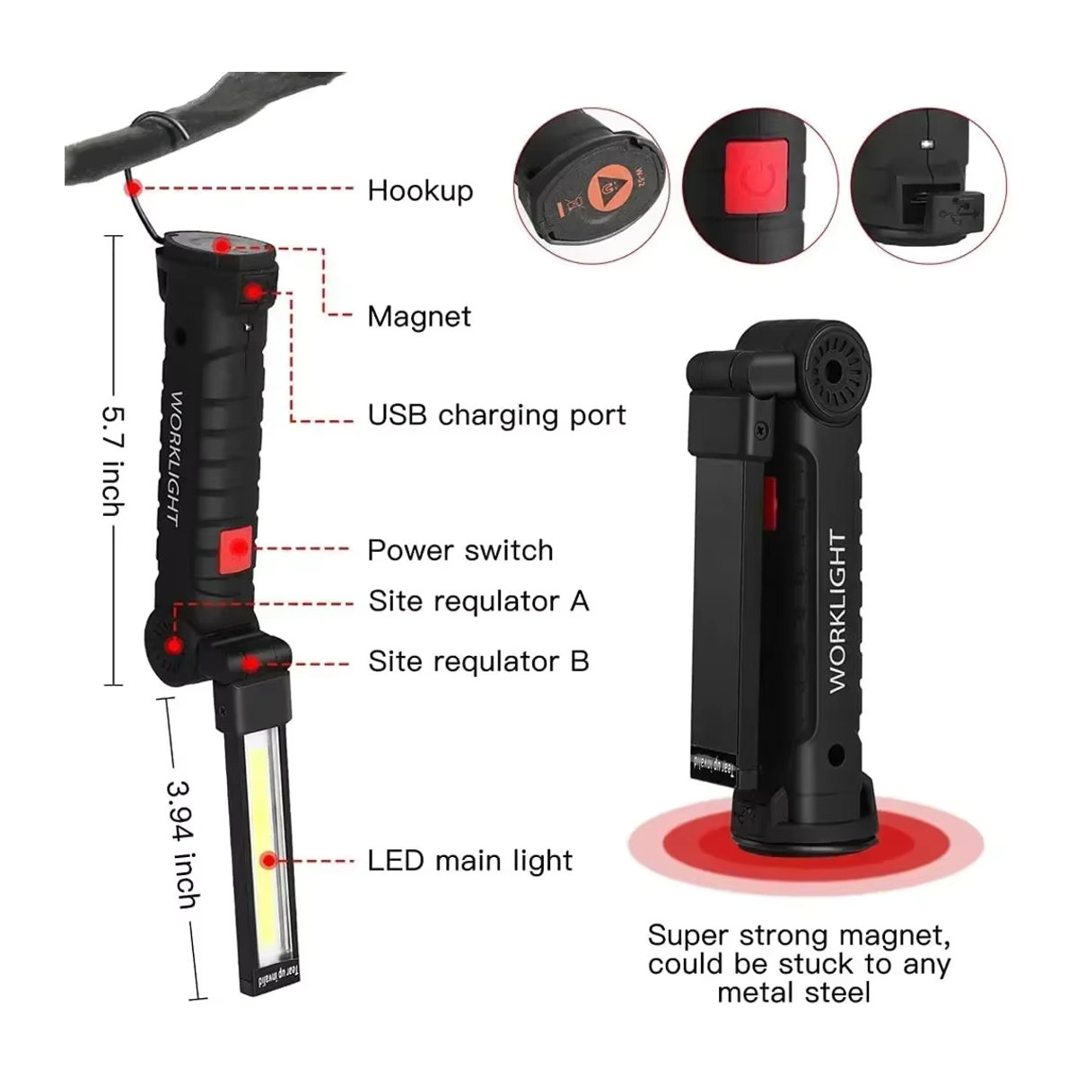 Wiederaufladbare Hochleistungs-LED-Arbeitsleuchte mit 5 Beleuchtungsmodi und magnetischer Powerbank-Funktion inklusive 18650-Akku - Bild 3