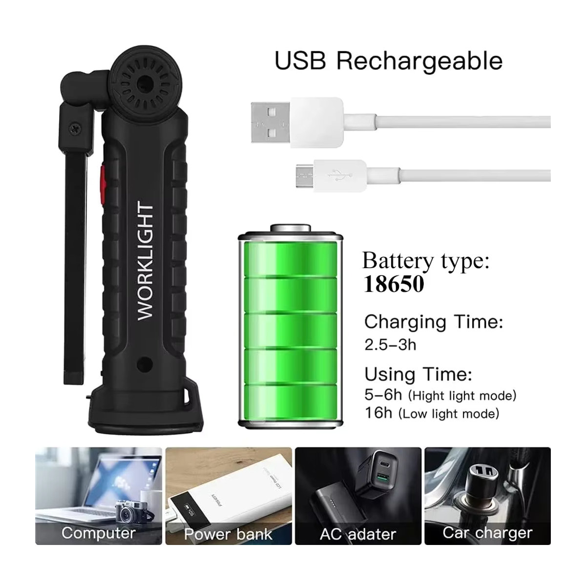 Wiederaufladbare Hochleistungs-LED-Arbeitsleuchte mit 5 Beleuchtungsmodi und magnetischer Powerbank-Funktion inklusive 18650-Akku - Bild 4