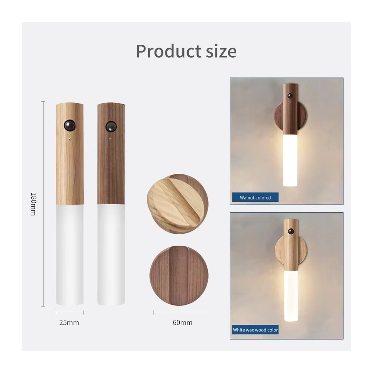 Wiederaufladbare LED Nachtlicht Wandleuchte mit Bewegungsmelder in Holzmaserung Braun im skandinavischen Design von YzzYzz - Bild 3