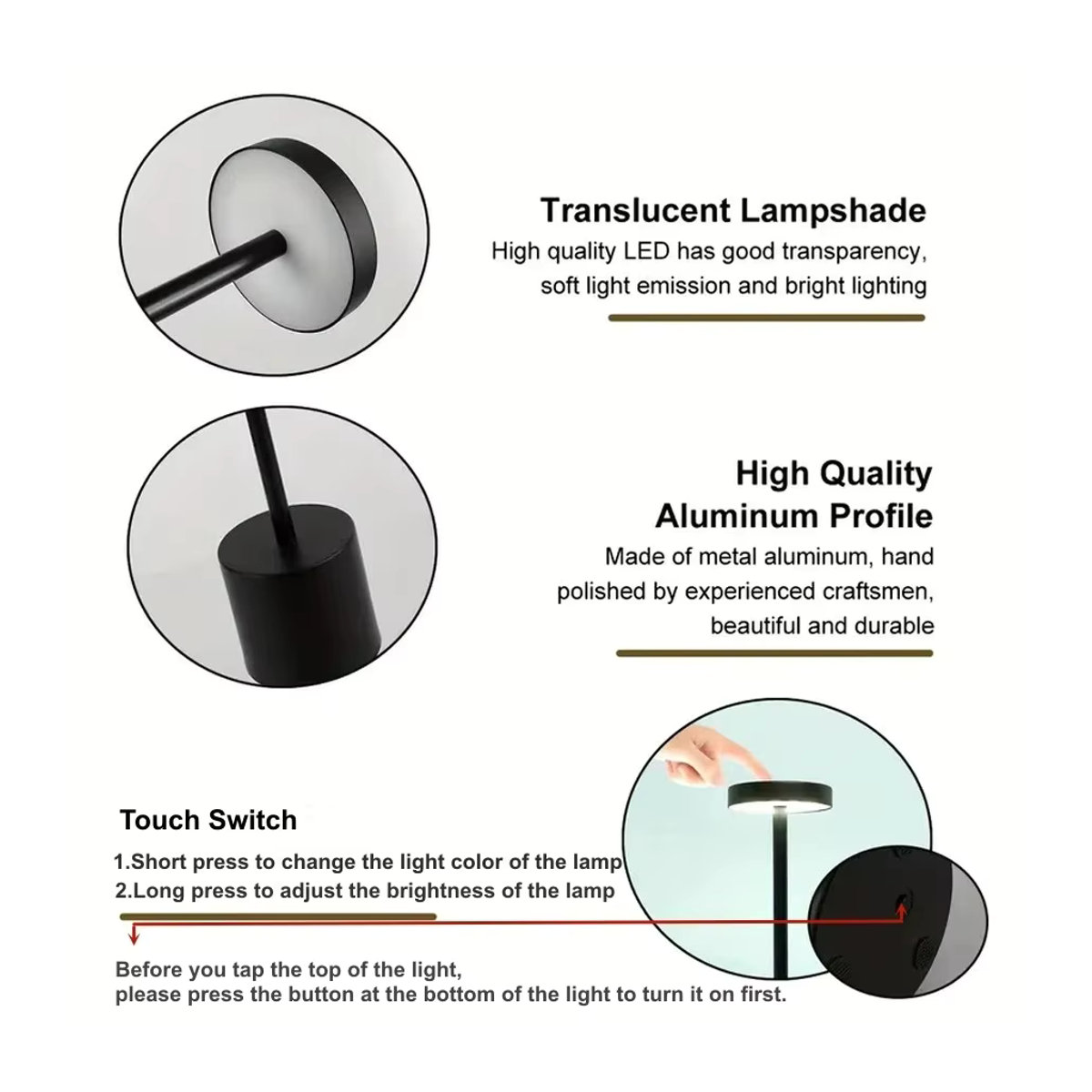Wiederaufladbare LED-Schreibtischlampe aus Metall im skandinavischen Design, kabellose Touch-Control Tischleuchte in Schwarz - Bild 4