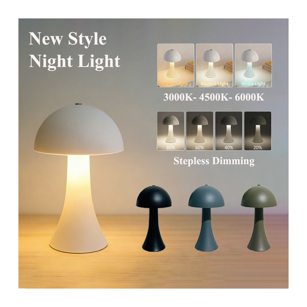 Wiederaufladbare LED Tischlampe im Retro-Pilzdesign von ggbingo, Weiß, Metal - Bild 1