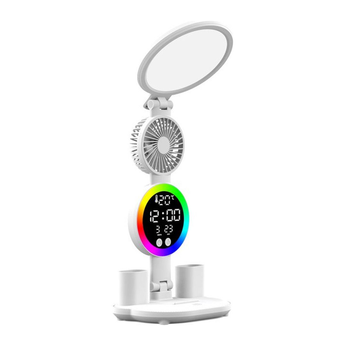 Wiederaufladbare LED-Tischlampe in Weiß mit integriertem Ventilator, LED-Uhr und Display für Schreibtisch und Schlafzimmer - Bild 1