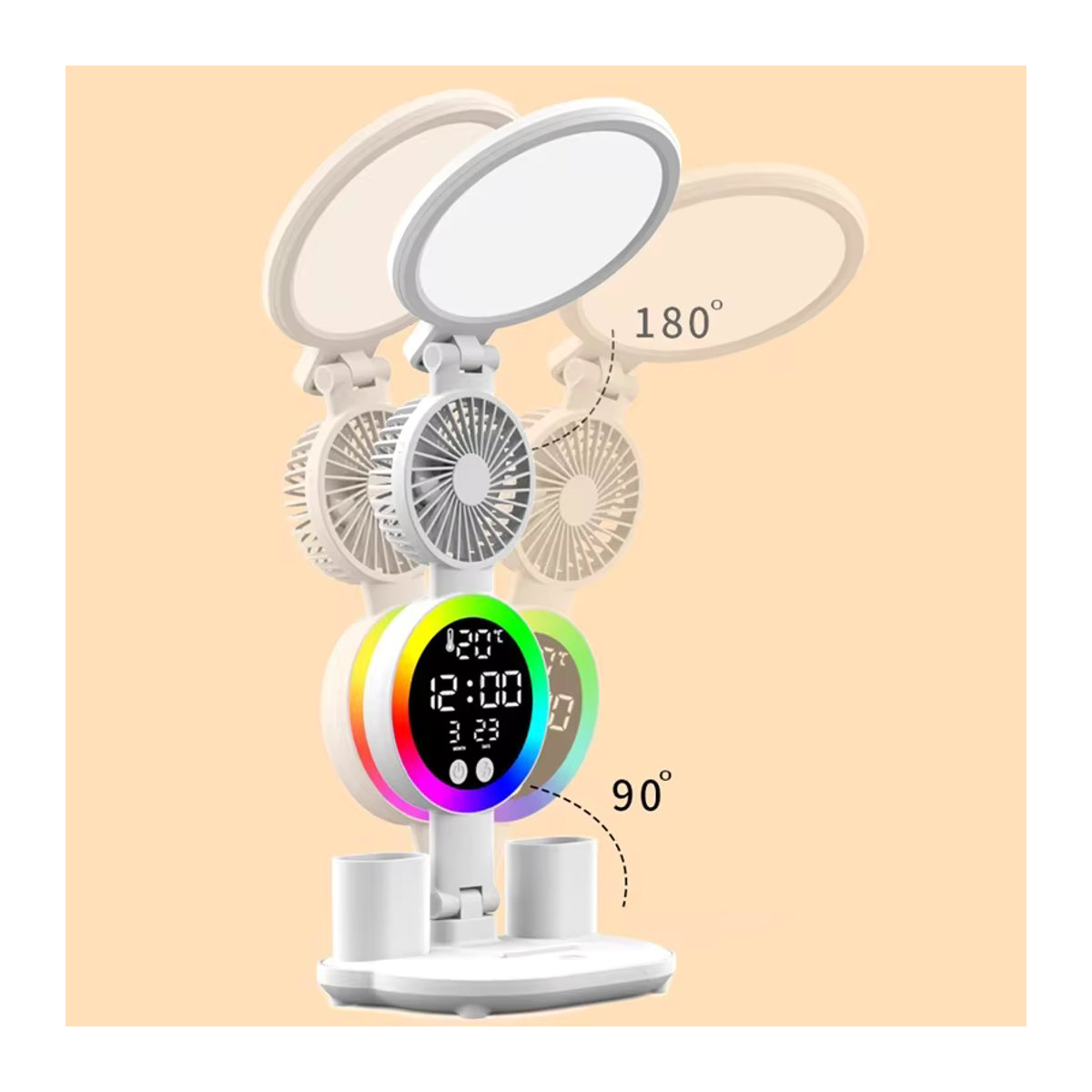 Wiederaufladbare LED-Tischlampe in Weiß mit integriertem Ventilator, LED-Uhr und Display für Schreibtisch und Schlafzimmer - Bild 2