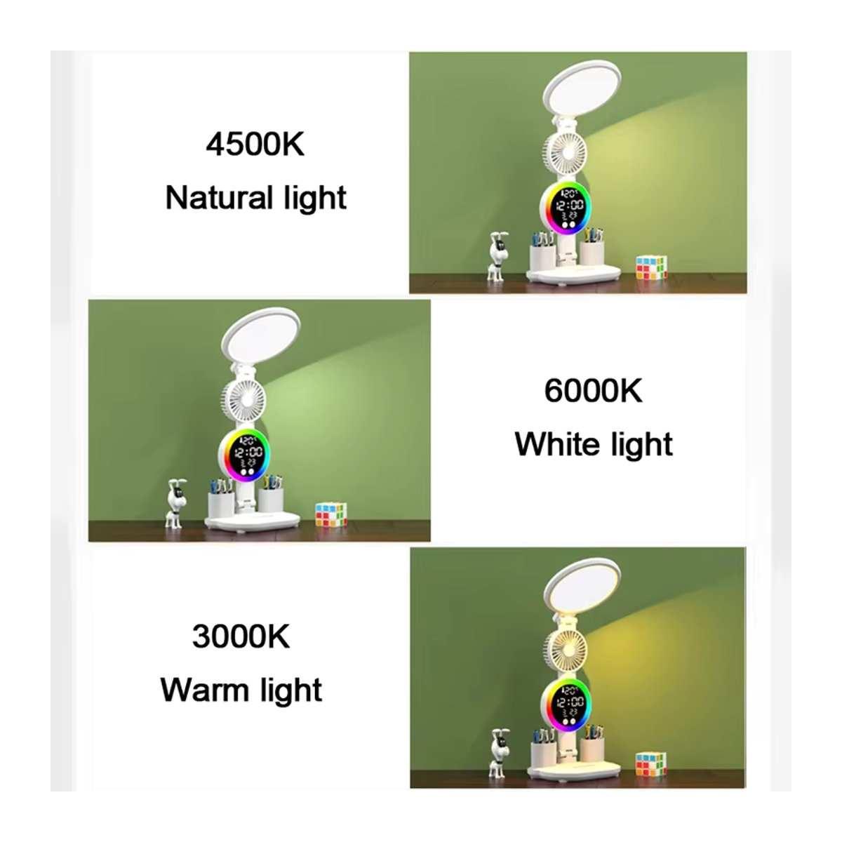 Wiederaufladbare LED-Tischlampe in Weiß mit integriertem Ventilator, LED-Uhr und Display für Schreibtisch und Schlafzimmer - Bild 4