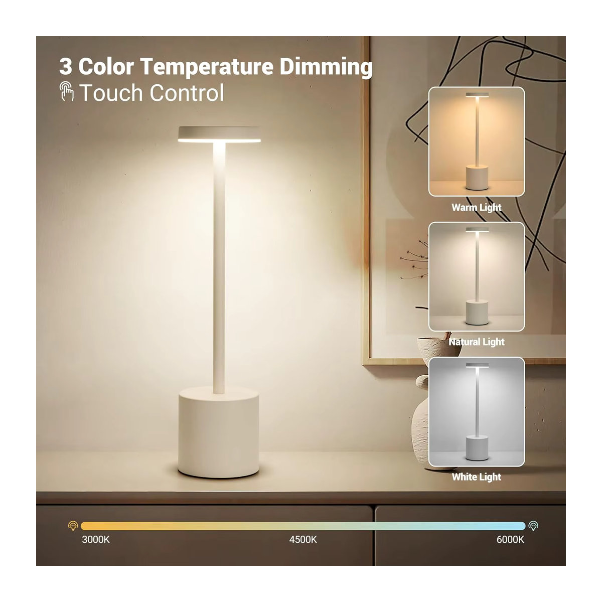 Wiederaufladbare LED Tischlampe mit Touch-Sensor in Weiß für minimalistisches Design im Schlafzimmer oder Restaurant - Bild 3
