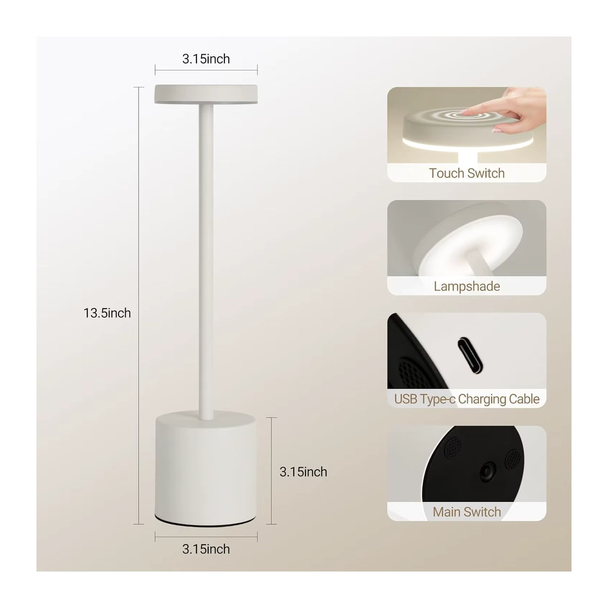 Wiederaufladbare LED Tischlampe mit Touch-Sensor in Weiß für minimalistisches Design im Schlafzimmer oder Restaurant - Bild 5