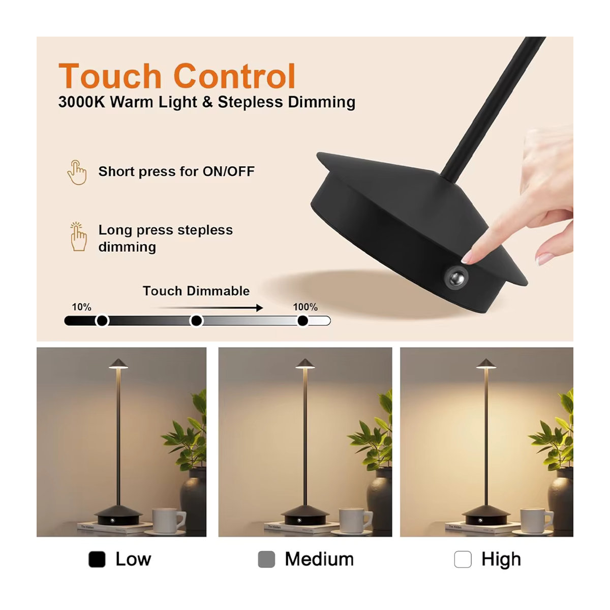 Wiederaufladbare LED Tischlampe Pina Pro in Schwarz im minimalistischen Pilz-Design für Hotel, Bar und Esszimmer - Bild 3